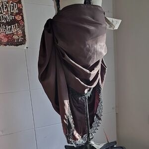 Elegant Brown Draped Dress with Lace Trim